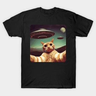 Funny Cat In Space Selfie With UFOs Behind T-Shirt